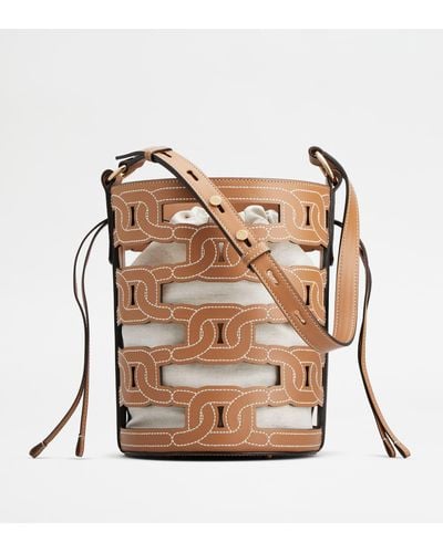 Tod's Kate Bucket Bag In Leather And Canvas Small - Brown