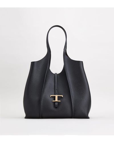 Tod's T Timeless Shopping Bag In Leather Medium - Black