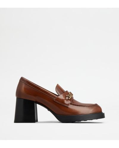 Tod's Loafers In Leather With Heel - Brown