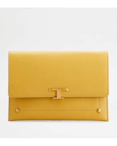 Tod's T Timeless Envelope Clutch In Leather Large - Yellow