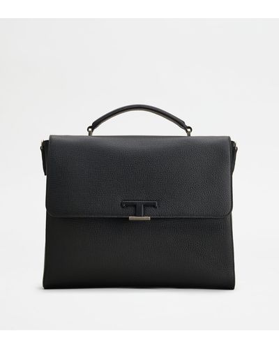 Tod's Slim T Timeless Briefcase In Leather Small - Black