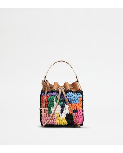 Tod's Bucket Bag In Leather And Raffia Micro - White