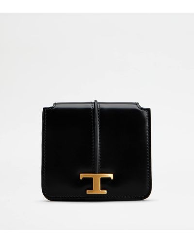 Tod's T Timeless Credit Card Holder In Leather With Shoulder Strap - Black