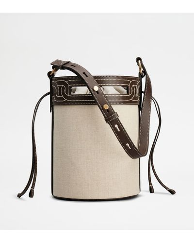 Tod's Kate Bucket Bag In Leather And Canvas Small - Natural