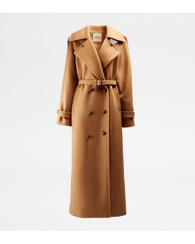 Tod's Trench Coat In Wool With Leather Inserts - Brown