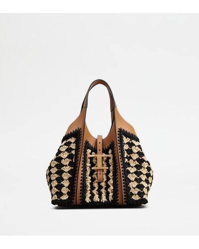 Tod's T Timeless Shopping Bag In Leather And Raffia Mini - Black
