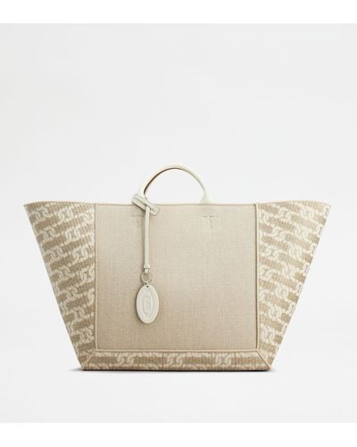 Tod's Double Up Shopping Bag In Fabric And Leather Large - White