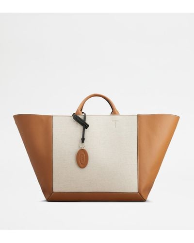 Tod's Double Up Shopping Bag In Leather And Canvas Large - Natural