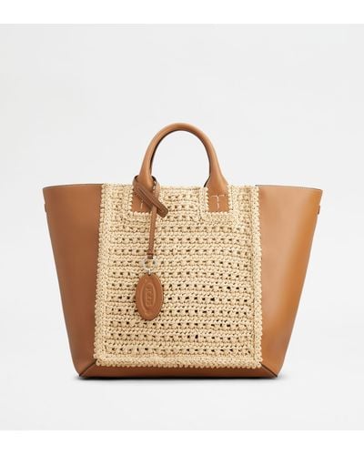 Tod's Double Up Shopping Bag In Leather And Raffia Medium - Natural