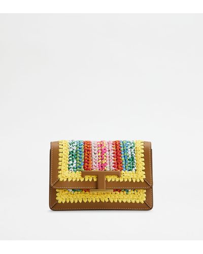 Tod's Timeless Belt Bag In Leather And Raffia Micro With Metal Shoulder Strap - Multicolour