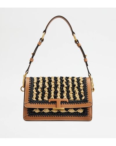 Tod's T Timeless Shoulder Bag In Leather And Raffia Mini - Metallic