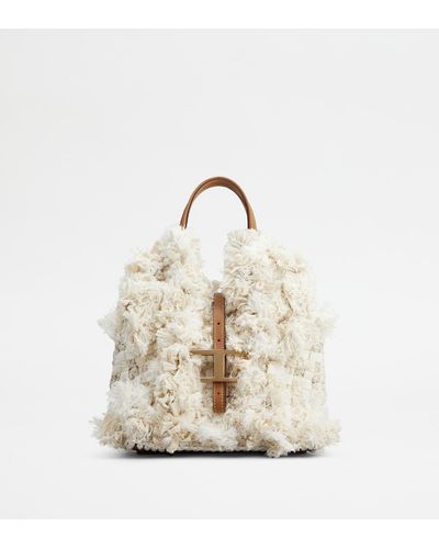 Tod's T Timeless Shopping Bag In Fabric And Leather Mini - White