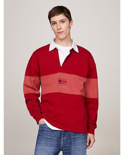 Tommy Hilfiger Relaxed Rugbyshirt Met Ton-sur-ton Paneel - Rood