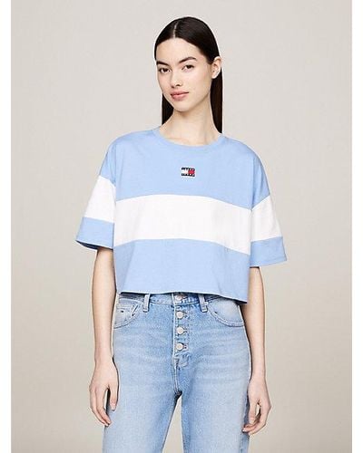 Tommy Hilfiger Colour-blocked Cropped T-shirt Met Badge - Blauw