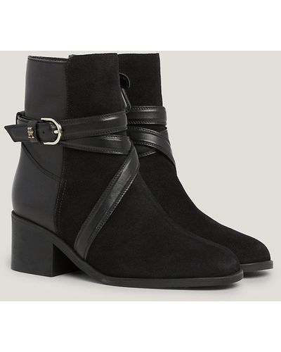 Tommy hilfiger th buckle mid heel boot leather deals