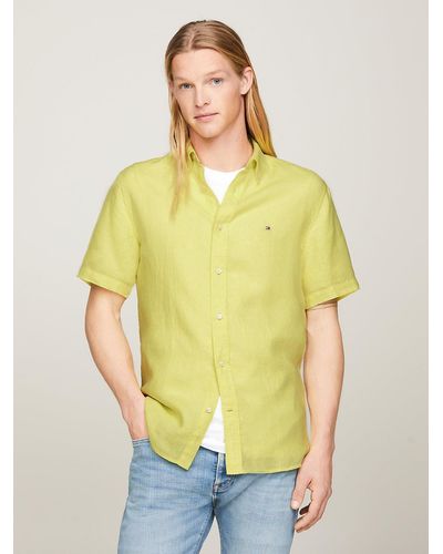 Tommy Hilfiger Short Sleeve Regular Fit Linen Shirt - Yellow