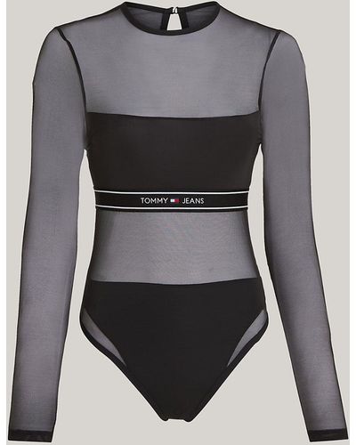 Tommy Hilfiger Mesh Panel Logo Long Sleeve Bodysuit - Grey