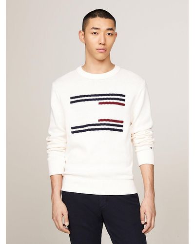 Tommy Hilfiger Cable Knit Stripe Flag Relaxed Jumper - White