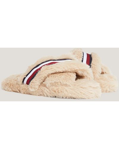 Tommy Hilfiger Global Stripe Faux Fur Slippers - Natural