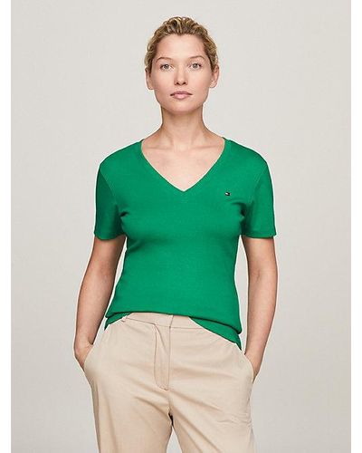 Tommy Hilfiger Slim T-shirt Met V-hals En Geborduurde Vlag - Groen