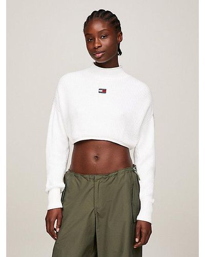 Tommy Hilfiger Garment-dyed Cropped Fit Trui Met Badge - Wit
