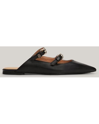 Tommy Hilfiger Leather Pointed Toe Ballerina Mules - Black
