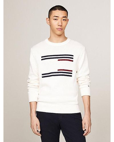 Tommy Hilfiger Relaxed Fit Pullover mit Flag in Zopfmuster - Weiß