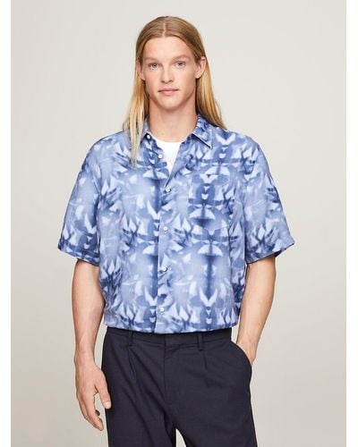 Tommy Hilfiger Palm Print Tie-dye Linen Relaxed Short Sleeve Shirt - Blue