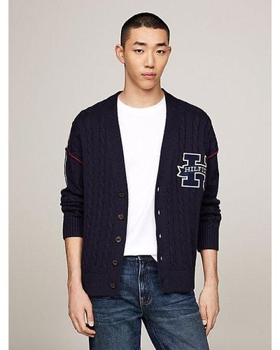 Tommy Hilfiger Zopfstrick-Cardigan mit V-Ausschnitt und Logo - Blau