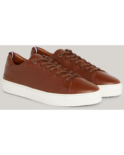 Tommy Hilfiger Premium Pebble Grain Leather Cupsole Trainers - Brown