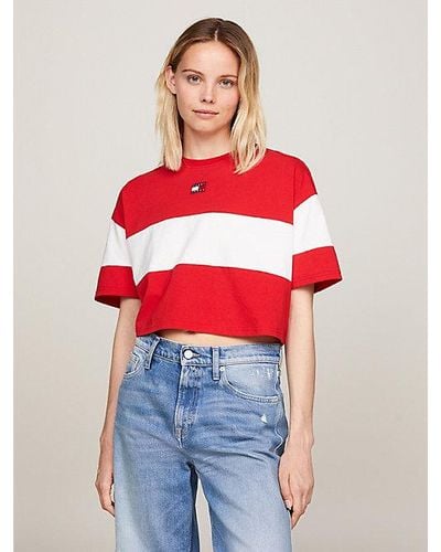 Tommy Hilfiger Colour-blocked Cropped T-shirt Met Badge - Rood
