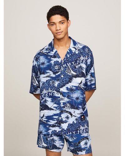 Tommy Hilfiger Hawaiian Print Camp Collar Short Sleeve Shirt - Blue
