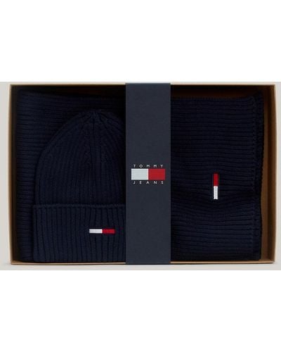 Tommy Hilfiger Flag Embroidery Beanie And Scarf Gift Set - Blue
