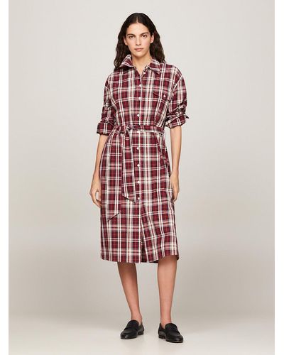 Tommy Hilfiger Tartan Check Relaxed Midi Shirt Dress - Red