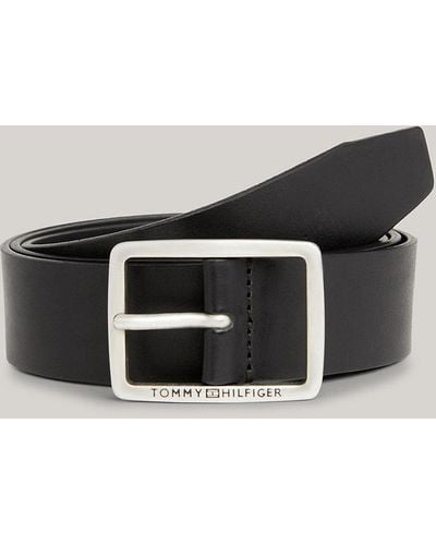 Tommy Hilfiger Logo Square Buckle Leather Belt - Black