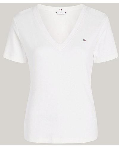 Tommy Hilfiger Curve Gestreept Slim Fit T-shirt Met V-hals - Wit