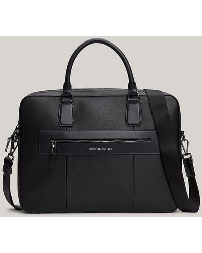 Tommy Hilfiger Premium Business Textured Leather Laptop Bag - Black