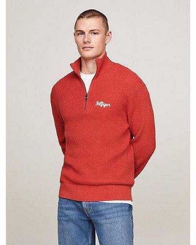 Tommy Hilfiger Relaxed Fit Waffelstrick-Pullover - Rot