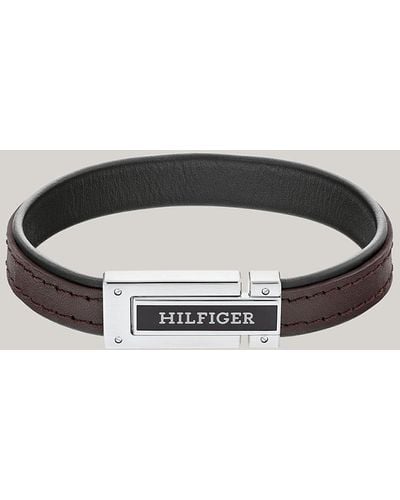 Tommy Hilfiger Fold-over Clasp Dark Brown Leather Bracelet - Black