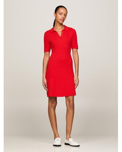 Tommy Hilfiger Cable Knit Knee Length Polo Jumper Dress - Red
