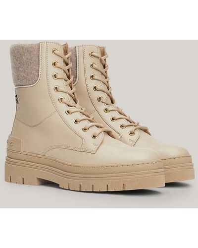Tommy Hilfiger Contrast Felt Collar Leather Lace-up Boots - Natural