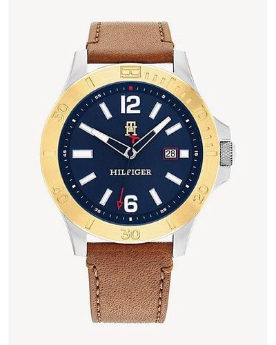 Tommy Hilfiger Reloj de piel marrón con esfera azul marino