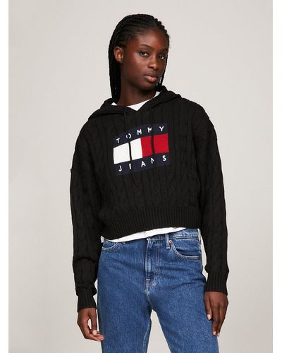 Tommy Hilfiger Cropped Cable Knit Flag Badge Hoody - Black