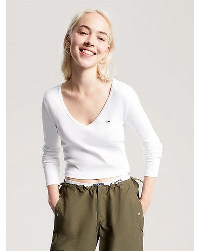 Tommy Hilfiger Essential geripptes Cropped Fit Langarmshirt - Weiß