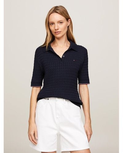 Tommy Hilfiger Cable Knit Slim Short Sleeve Polo Jumper - Blue