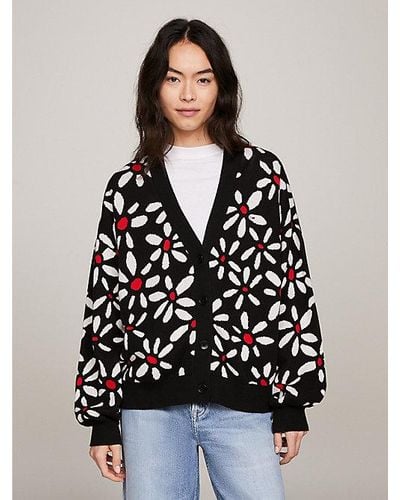 Tommy Hilfiger Oversized Fit Cardigan mit Blümchen-Print - Schwarz