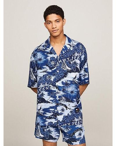 Tommy Hilfiger Overhemd Met Korte Mouwen En Cubaanse Kraag - Blauw