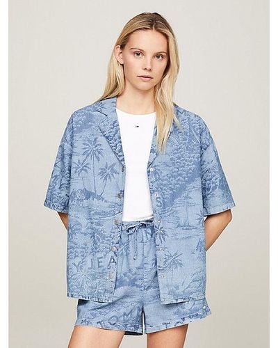 Tommy Hilfiger Camisa de chambray con estampado tropical - Azul