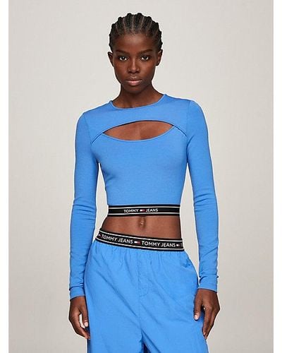 Tommy Hilfiger Super-cropped Cut-out Top Met Logotape - Blauw