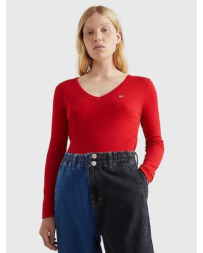 Tommy Hilfiger Essential Geribd Cropped Longsleeve T-shirt - Rood